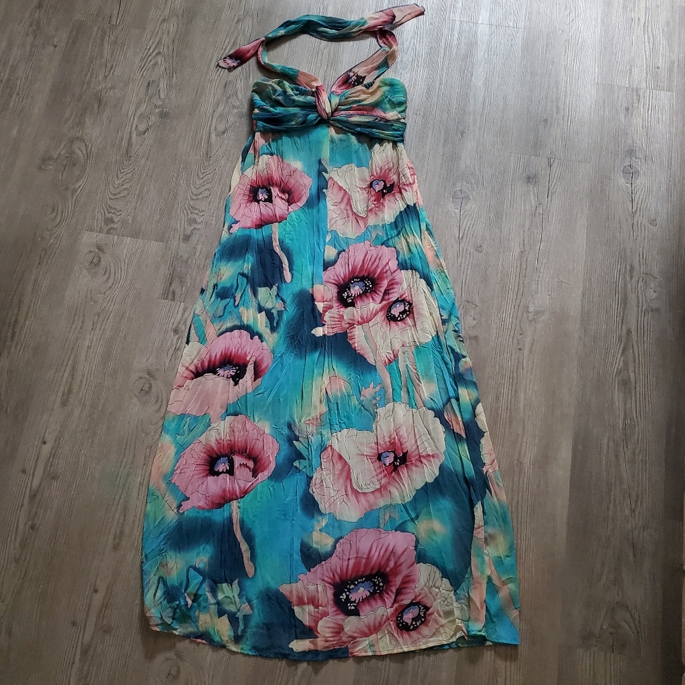 Floral Maxi Dress with Pink and Blue Poppy Accents